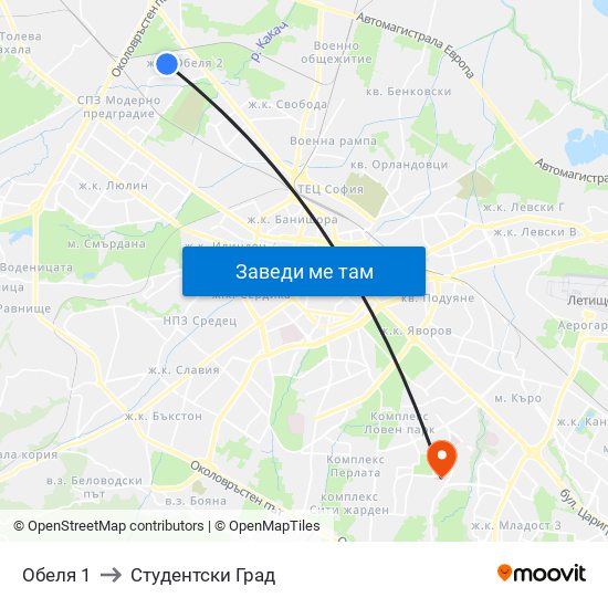 Обеля 1 to Студентски Град map