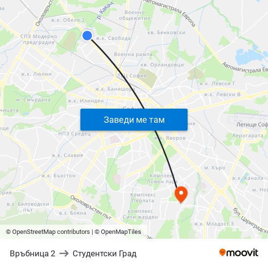 Връбница 2 to Студентски Град map