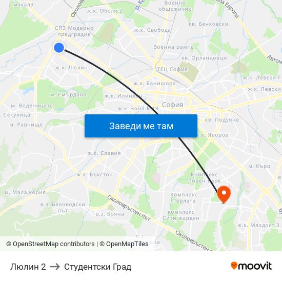 Люлин 2 to Студентски Град map