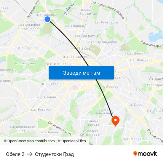 Обеля 2 to Студентски Град map