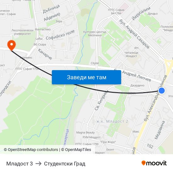 Младост 3 to Студентски Град map