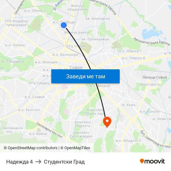 Надежда 4 to Студентски Град map
