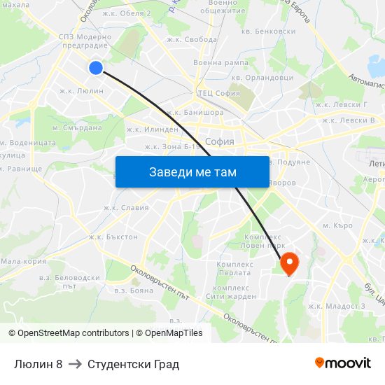 Люлин 8 to Студентски Град map