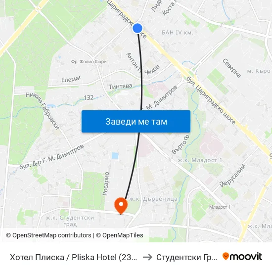 Хотел Плиска / Pliska Hotel (2326) to Студентски Град map