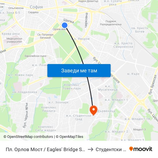 Пл. Орлов Мост / Eagles' Bridge Sq. (1290) to Студентски Град map