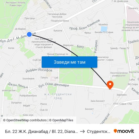 Бл. 22 Ж.К. Дианабад / Bl. 22, Dianabad Qr. (0124) to Студентски Град map