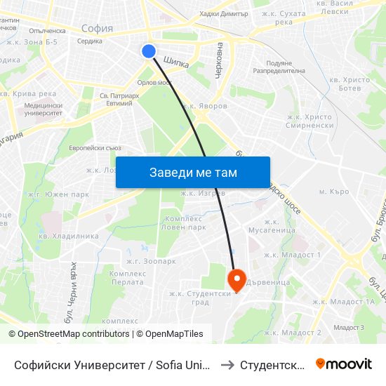 Софийски Университет / Sofia University (1699) to Студентски Град map