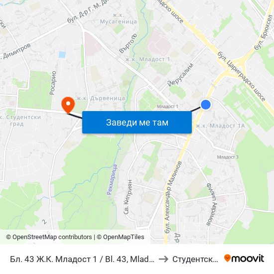 Бл. 43 Ж.К. Младост 1 / Bl. 43, Mladost 1 Qr. (0218) to Студентски Град map
