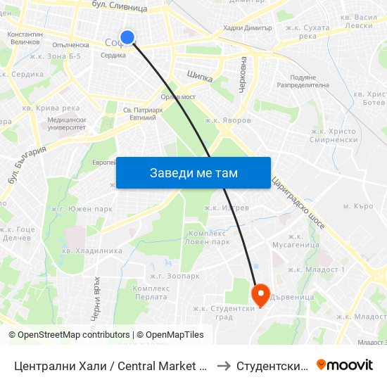 Централни Хали / Central Market Hall (2334) to Студентски Град map