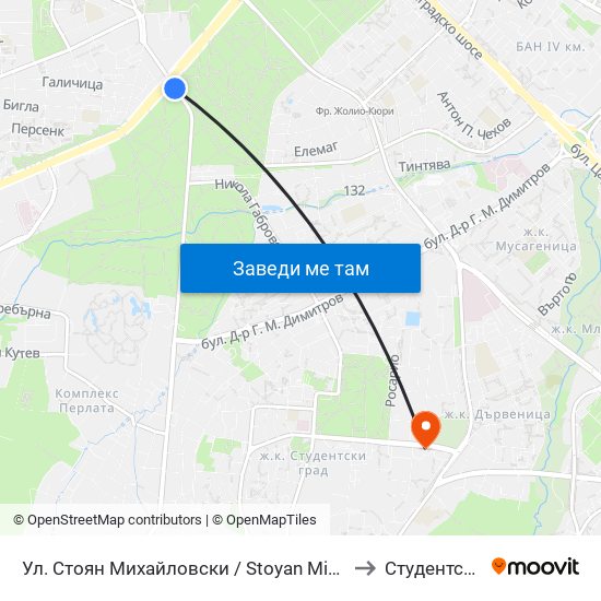 Ул. Стоян Михайловски / Stoyan Mihaylovski St. (2191) to Студентски Град map