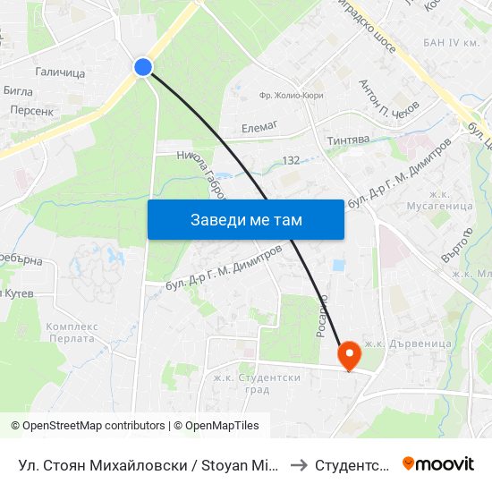 Ул. Стоян Михайловски / Stoyan Mihaylovski St. (2692) to Студентски Град map