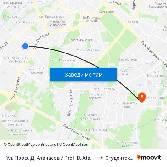 Ул. Проф. Д. Атанасов / Prof. D. Atanasov St. (2134) to Студентски Град map