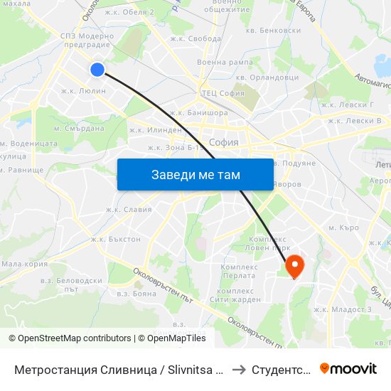 Метростанция Сливница / Slivnitsa Metro Station (1063) to Студентски Град map