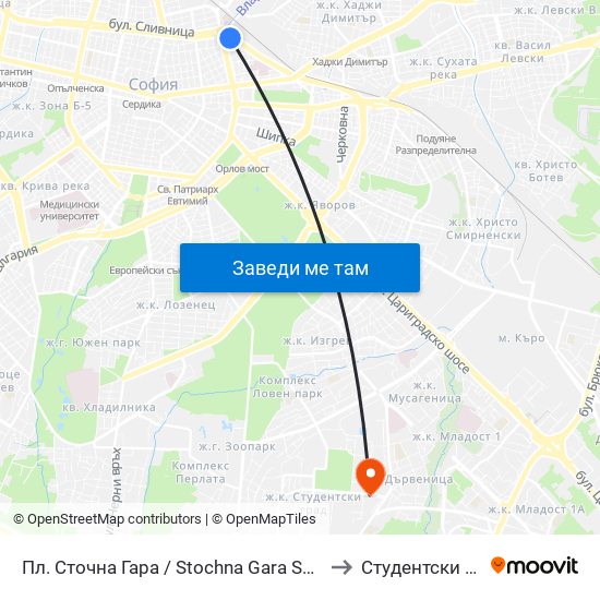 Пл. Сточна Гара / Stochna Gara Sq. (1316) to Студентски Град map