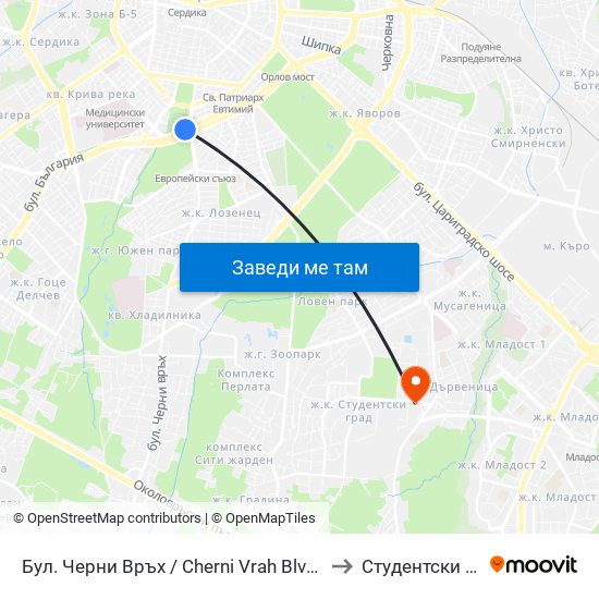 Бул. Черни Връх / Cherni Vrah Blvd. (0395) to Студентски Град map