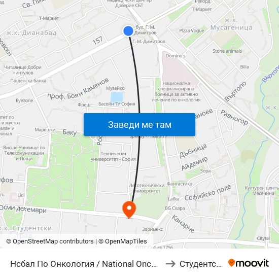 Нсбал По Онкология / National Oncology Hospital (2542) to Студентски Град map