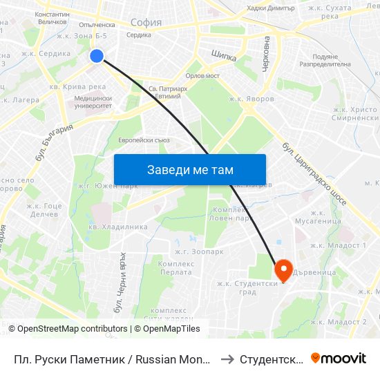 Пл. Руски Паметник / Russian Monument Sq. (1295) to Студентски Град map