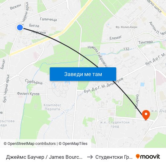 Джеймс Баучер / James Bourchier to Студентски Град map