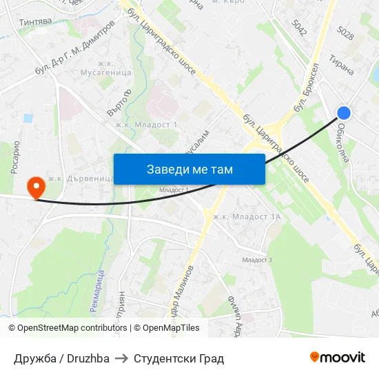 Дружба / Druzhba to Студентски Град map