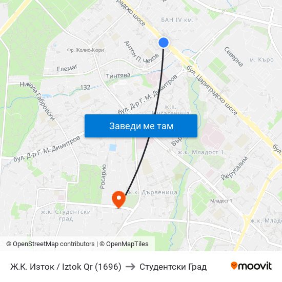 Ж.К. Изток / Iztok Qr (1696) to Студентски Град map