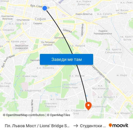 Ⓜ️ Пл. Лъвов Мост / Lions' Bridge Sq. (1278) to Студентски Град map