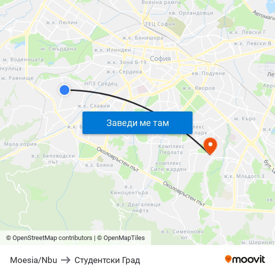 Moesia/Nbu to Студентски Град map