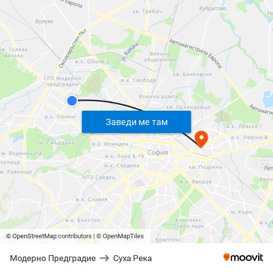 Модерно Предградие to Суха Река map