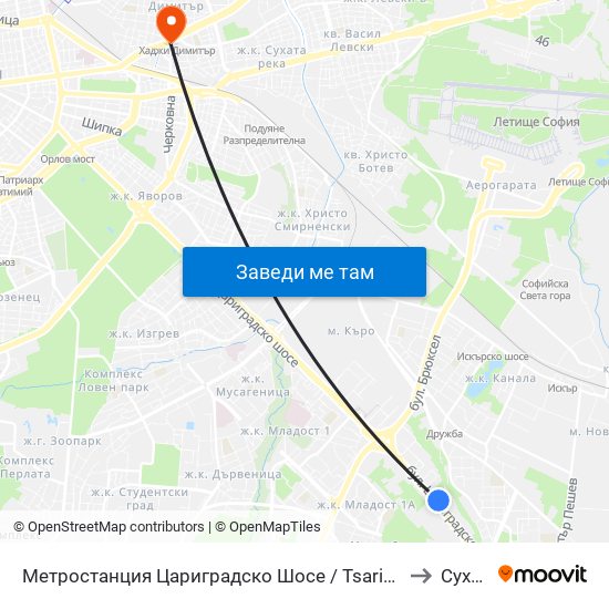 Метростанция Цариградско Шосе / Tsarigradsko Shosse Metro Station (1016) to Суха Река map