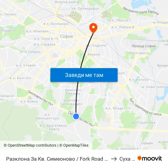 Разклона За Кв. Симеоново / Fork Road To Simeonovo Qr. (1458) to Суха Река map
