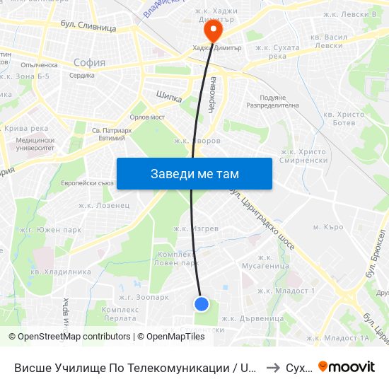 Висше Училище По Телекомуникации / University Of Telecommunications And Post (1396) to Суха Река map