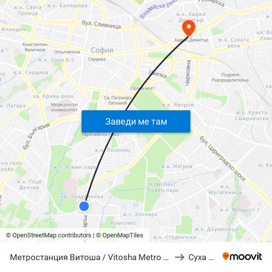 Метростанция Витоша / Vitosha Metro Station (2755) to Суха Река map