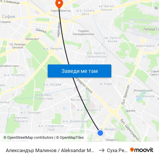 Александър Малинов / Aleksandar Malinov to Суха Река map