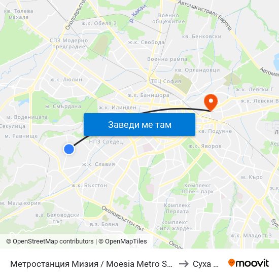 Метростанция Мизия / Moesia Metro Station (6089) to Суха Река map