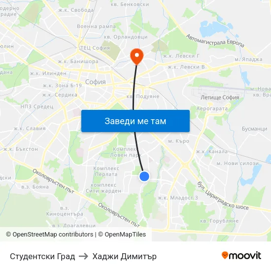Студентски Град to Хаджи Димитър map
