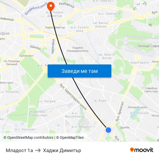 Младост 1а to Хаджи Димитър map