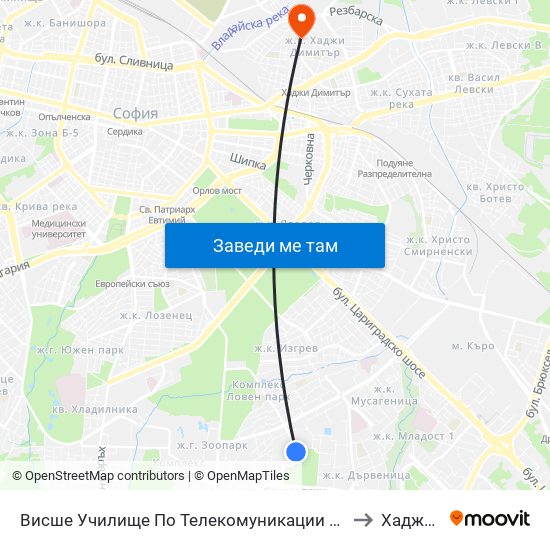 Висше Училище По Телекомуникации / University Of Telecommunications And Post (1397) to Хаджи Димитър map