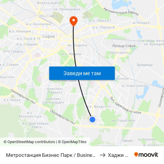 Метростанция Бизнес Парк / Business Park Metro Station (2490) to Хаджи Димитър map