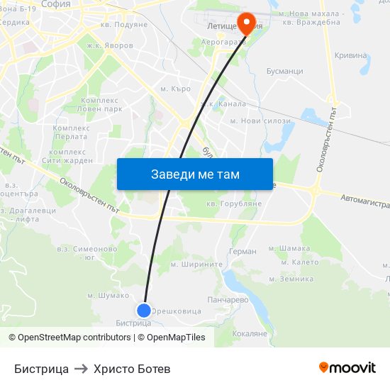 Бистрица to Христо Ботев map