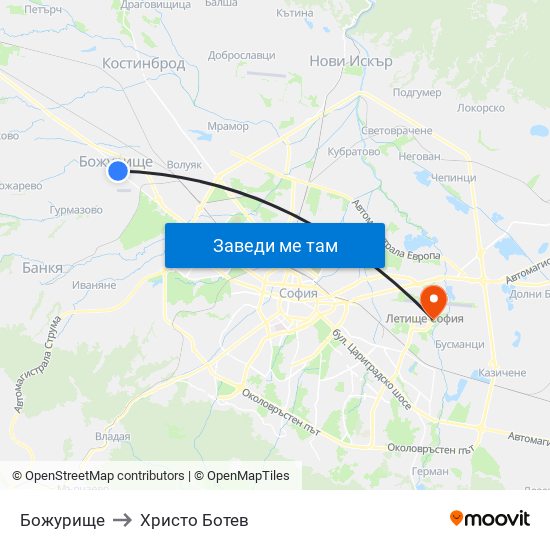 Божурище to Христо Ботев map