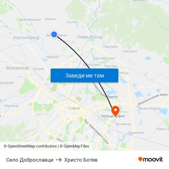 Село Доброславци to Христо Ботев map