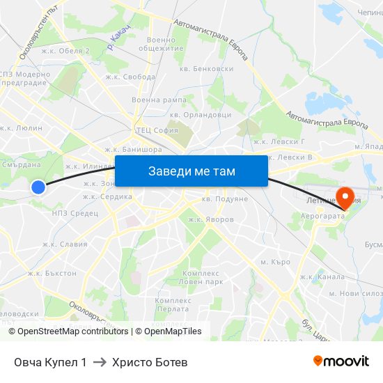 Овча Купел 1 to Христо Ботев map