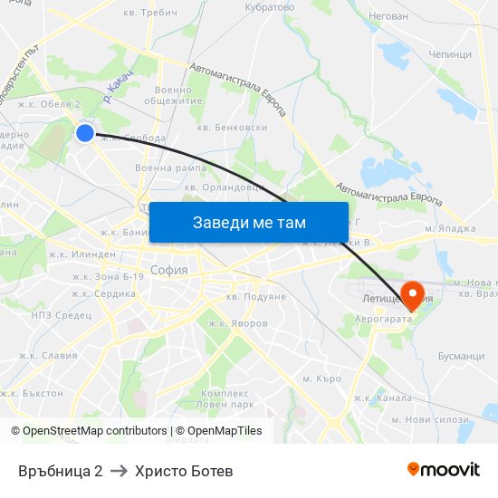 Връбница 2 to Христо Ботев map