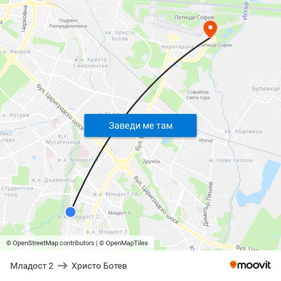 Младост 2 to Христо Ботев map