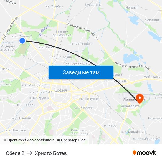 Обеля 2 to Христо Ботев map