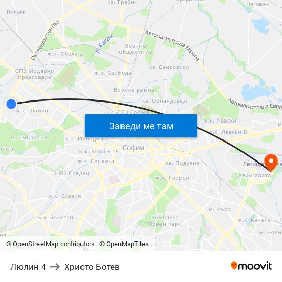 Люлин 4 to Христо Ботев map
