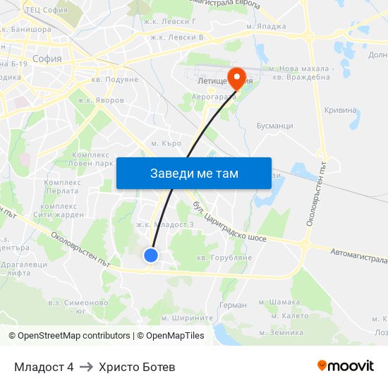 Младост 4 to Христо Ботев map