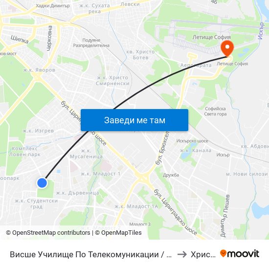 Висше Училище По Телекомуникации / University Of Telecommunications And Post (1396) to Христо Ботев map