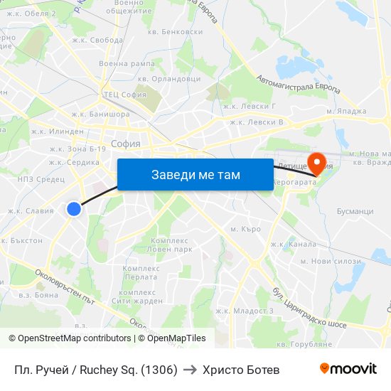 Пл. Ручей / Ruchey Sq. (1306) to Христо Ботев map