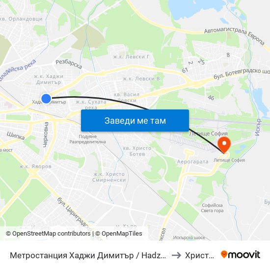 Метростанция Хаджи Димитър / Hadzhi Dimitar Metro Station (0303) to Христо Ботев map