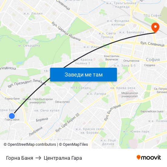 Горна Баня to Централна Гара map